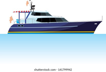 large motor yacht that stands in the water side view isolated on white