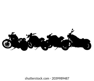 Große Krafträder sind nacheinander. Einzige Silhouette auf weißem Hintergrund