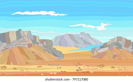 Large mountain ranges, desert terrain, rocks, wildlife background. Vector illustration.