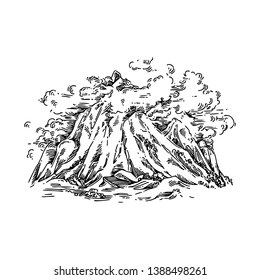 Large mountains in clouds. Sketch. Engraving style. Vector illustration.