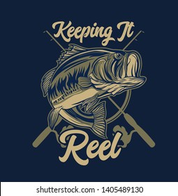 Large mouth Bass Fishing with Rod and Typography Keeping It Reel