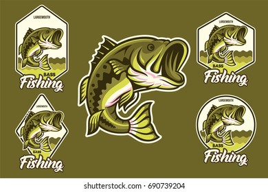 Large Mouth Bass Jumping With Various Emblem