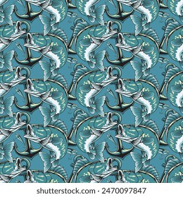 large mouth bass tuna fish and anchor cartoon seamless pattern in vector illustration design