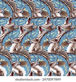large mouth bass tuna fish cartoon seamless pattern in vector illustration design