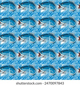 large mouth blue color bass tuna fish cartoon seamless pattern in vector illustration design