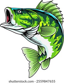 Large Mouth Green Big Bass Fish Vector Cartoon Illustration