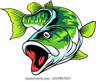 Large Mouth Green Big Bass Fish Vector Cartoon Illustration