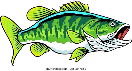 Large Mouth Green Big Bass Fish Vector Cartoon Illustration