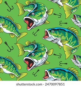 large mouth green color bass tuna fish and bait cartoon seamless pattern in vector illustration design