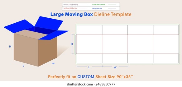 Large Moving Box 20 x 20 x 15 inches Dieline Template. A box is a container with a dimensional structure used to store, protect, and transport items.