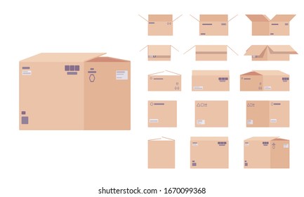 Caja de cartón grande en movimiento con señales frágiles para el embalaje de artículos en almacenamiento. Paquete en casa o en la oficina para empacar cosas personales, libros. Ilustración de dibujos de estilo plano vectorial, diferentes vistas