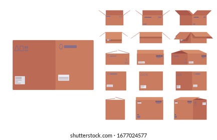 Large moving cardboard box set with fragile signs for packing items into storage. Home or office bundle to pack up personal things, books. Vector flat style cartoon illustration, different views