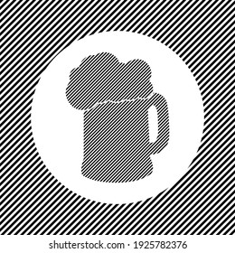 A large mug beer symbol in the center as a hatch of black lines on a white circle. Interlaced effect. Seamless pattern with striped black and white diagonal slanted lines