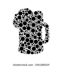 A large mug beer symbol in the center made in pointillism style. The center symbol is filled with black circles of various sizes. Vector illustration on white background
