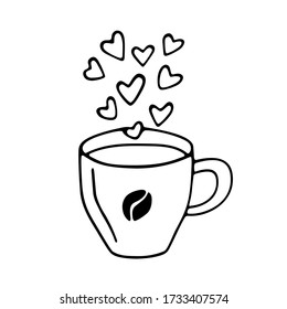 Large mug of coffee or cocoa hand-drawn. Vector doodle illustration black outline on a white background