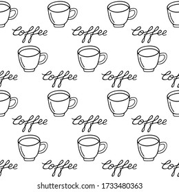 Large mug of coffee or cocoa hand-drawn. Vector seamless doodle pattern on white background. Design for textile, print