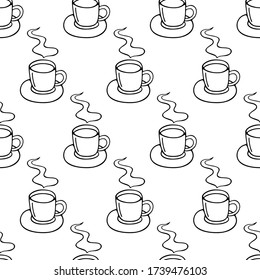 Large mug of coffee or cocoa hand-drawn. Vector seamless doodle pattern on white background. Design for textile, print.