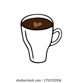 Large mug of coffee or cocoa hand-drawn. Vector illustration in doodle style black with brown elements outline on a white background