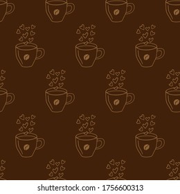 Large mug of coffee or cocoa hand-drawn. Vector seamless doodle pattern on brown background. Design for textile, wrapping, print.