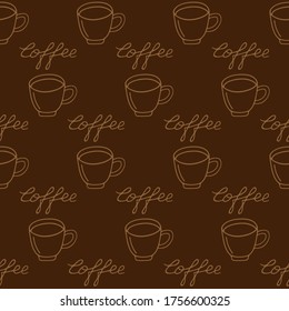 Large mug of coffee or cocoa hand-drawn. Vector seamless doodle pattern on brown background. Design for textile, print.