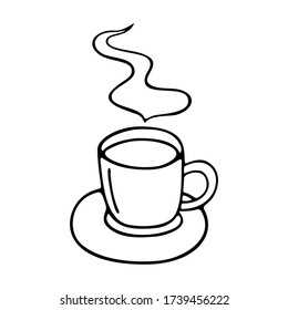 Una gran taza de café o cacao en un platillo dibujado a mano. Ilustración de doodle vectorial contorno negro sobre fondo blanco