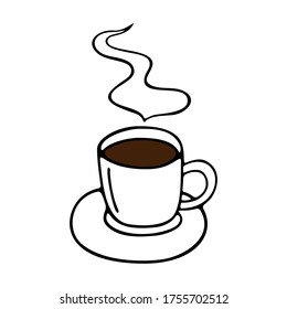 Large mug of coffee or cocoa on a saucer hand-drawn. Vector illustration in doodle style black outline with brown element on a white background