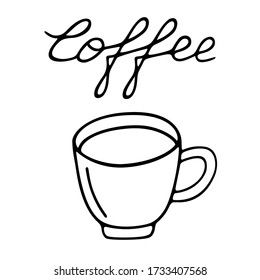 Large mug of coffee hand-drawn. Vector doodle illustration black outline on a white background