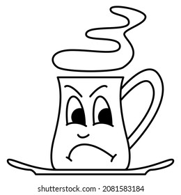 A large mug for drinks. A face with emotion. A cup for hot tea on a saucer with steam. Distrust, caution. Vector icon, outline, isolated. Editable stroke.