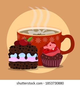 large mug of hot cocoa with delicious chocolate brownies. Delicious desserts for winter evening. New Year holidays at home table. Vector