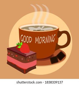 large mug of hot cocoa with strawberry brownie on plate. Delicious desserts for winter evening. New Year holidays at home table. Vector