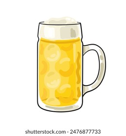 Large mug of light beer. Picture in line style. Black contour with colored spots. Isolated on white background. Vector flat illustration.