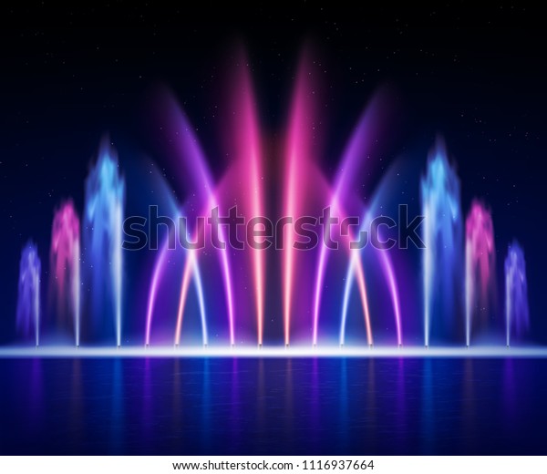 大きな多彩色の装飾的なダンスウォータージェットが光る噴水を引き出し 夜間のリアルな画像ベクターイラスト のベクター画像素材 ロイヤリティフリー
