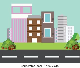 Large, multi-colored buildings with trees and roads