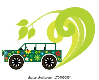 A large multi-colored car. It is painted in green and with the application of colors. Environmentally friendly transport.