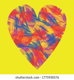 Ein großes, mehrfarbiges Herz, mit Pinselstrichen auf gelbem Hintergrund gemalt. Rot, blau, violett und gelb sind die Farben der Pinselstriche. Abstraktes Herz.
