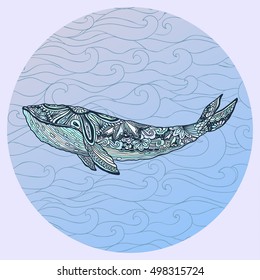 Large multicolored whale on a blue water background. An adult whale painted by hand in the art of different strokes, curls. Whale zentangle style. Vector. The sad whale. Most sea, ocean fish, mammals.