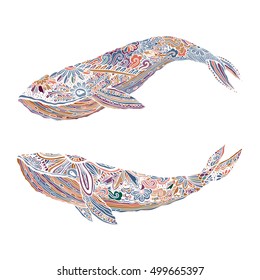 Large multicolored whale on a blue water background. An adult whale painted by hand in the art of different strokes, curls. Whale zentangle style. Vector. The sad whale. Most sea, ocean fish, mammals.
