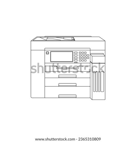 Large Multifunction Inkjet Printer or Photocopier in outline sketch icon. A3 ink tank printer vector illustration with paper cassette in compact design. Editable graphic resources for you.