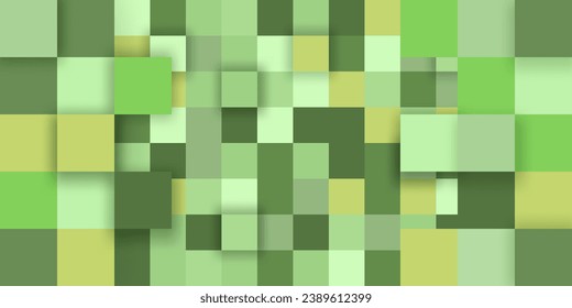 Gran fondo verde pixelado multicapa hecho de cubos en diferentes tonalidades de verde. Fondo de juego moderno. Fondo de cuadrados verdes para banner