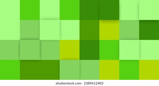 Large multi-layered pixelated green background made of cubes in different shades of green. Modern game background with large cubes. Green squares background for kids party banner for birthday party
