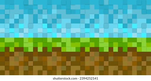 Large multi-layered pixelated green background skyline made of cubes in different shades of green and blue sky. Modern game background. Green squares background for banner