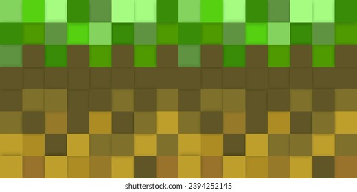 Large multi-layered pixelated green and brown earth background made of cubes in different shades of green. Modern game background. Green squares background for banner