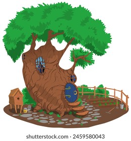 A large multi-storey tree in which a farmer lives. There is a small fenced yard around the tree. Vector illustration in the yard there are beds with tomatoes and cabbage as well as a beehive next to
