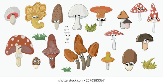 Large Mushroom set of vector illustrations in flat design isolated on white.