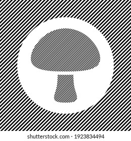 A large mushroom symbol in the center as a hatch of black lines on a white circle. Interlaced effect. Seamless pattern with striped black and white diagonal slanted lines