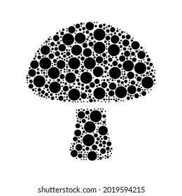 A large mushroom symbol in the center made in pointillism style. The center symbol is filled with black circles of various sizes. Vector illustration on white background