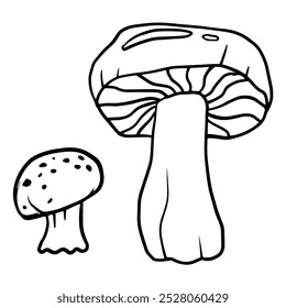  cogumelo grande com haste espessa e um pequeno. Doodle ilustração em preto e branco isolada em branco para histórias infantis, pôster, faixa, lembranças, camiseta, design de cartão.
