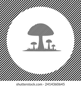 A large mushrooms symbol in the center as a hatch of black lines on a white circle. Interlaced effect. Seamless pattern with striped black and white diagonal slanted lines