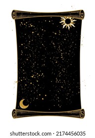 Große mystische Schriftrolle mit Sonne und Mond. Astrologische Himmelskarte für Text, Tarot-Vorlage, mystischer Nachthimmel, Grafikdesign-Element, Geheimnis des Lebens, unendliches Universum. Vektorgrafik.