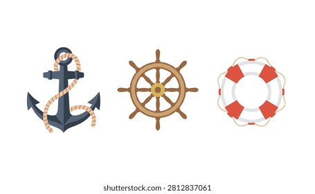 Large navy anchor positioned alongside a classic ships steering wheel and a red and white striped circular life preserver ring.